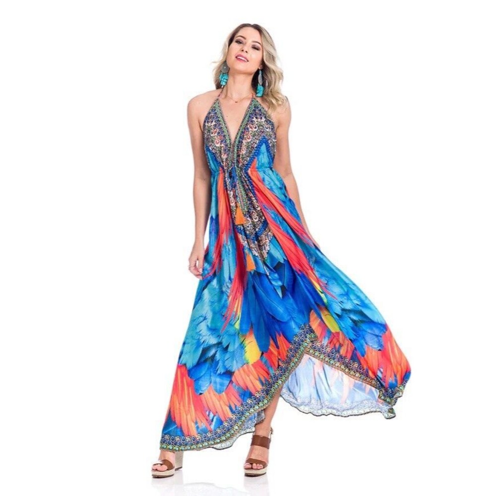 Ranee’s Miami Multi Color Halter Maxi Dress Beaded Resort One Size Feathers